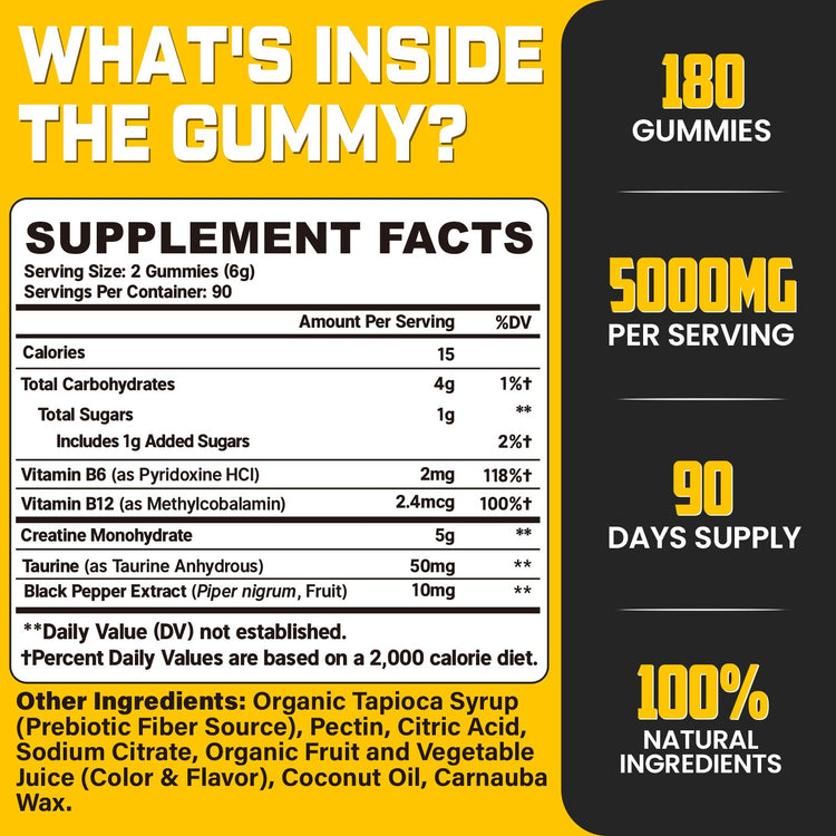 (180 Count) Creatine Monohydrate Gummies for Men & Women - Creatine Pre Workout Gummies for Muscle Builder, Muscle Strength, Recovery, Endurance, Energy