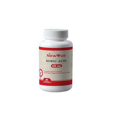 NewVue Boric Acid Vaginal Suppositories (600mg, 60 Count) Supports Vaginal pH Balance, Odor Control (USP Medical Grade Fine Powder, Easy Dissolve, Third Party Tested, Made in USA)