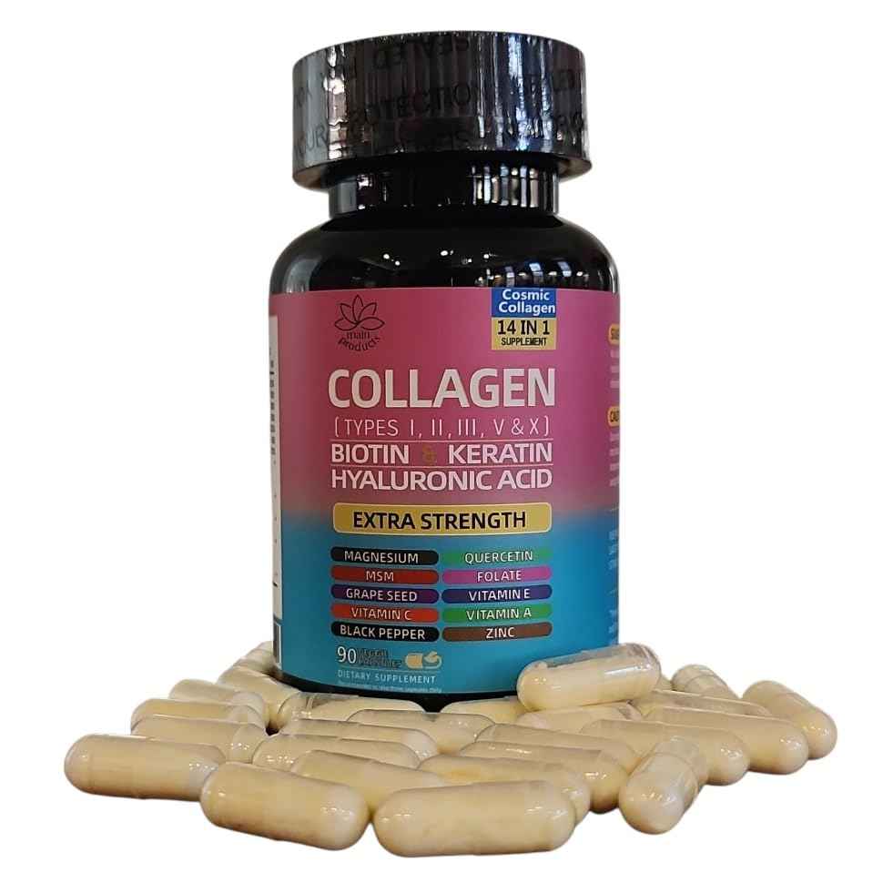 Collagen Peptides Types I, II, III, V & X, 64000 MCG, 14 in 1, Biotin, Keratin, Hyaluronic Acid, Magnesium, MSM, Grape Seed, Vitamin A C & E, Black Pepper, Quercetin, Folate, Zinc (90 Veggie Caps)