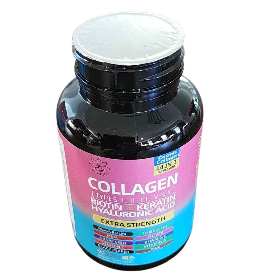 Collagen Peptides Types I, II, III, V & X, 64000 MCG, 14 in 1, Biotin, Keratin, Hyaluronic Acid, Magnesium, MSM, Grape Seed, Vitamin A C & E, Black Pepper, Quercetin, Folate, Zinc (90 Veggie Caps)