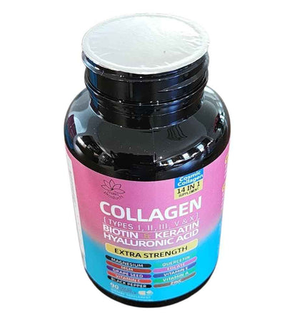Collagen Peptides Types I, II, III, V & X, 64000 MCG, 14 in 1, Biotin, Keratin, Hyaluronic Acid, Magnesium, MSM, Grape Seed, Vitamin A C & E, Black Pepper, Quercetin, Folate, Zinc (90 Veggie Caps)