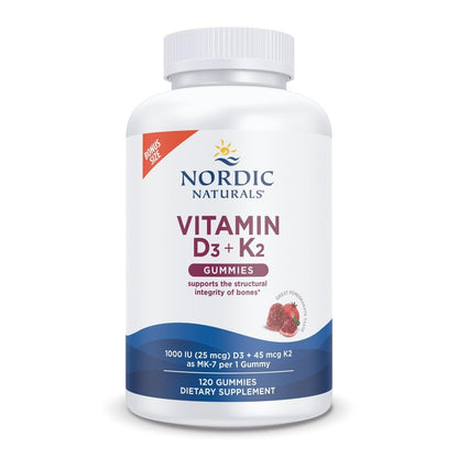 Nordic Naturals Vitamin D3+K2 Gummies, Pomegranate - 60 Count - 1000 IU Vitamin D3 + 45 mcg K2 per gummy supports bone health and muscle function. Non-GMO. Pomegranate flavor. 60 servings