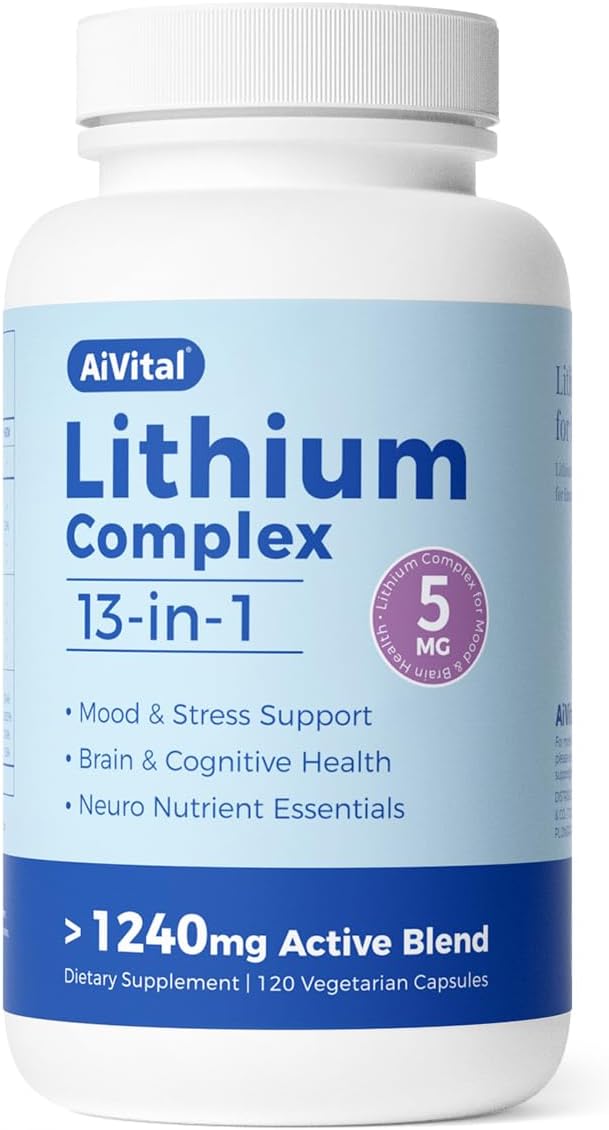 AiVital Lithium Orotate 5mg, 13-in-1 Lithium Supplement with Magnesium Glycinate, L-theanine & DHA for Daily Balance, Focus & Clarity, Low-Dose Formula, Non-GMO, Gluten Free, Vegan, 120 Capsules