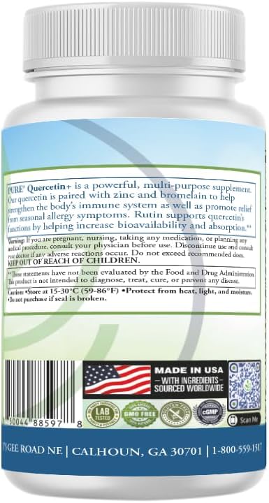 PURE Quercetin+ with Zinc, Bromelain, Rutin Immune Shield - 60 Capsules - High Bioavailability Antioxidant Complex for Respiratory Health & Viral Defense - Made in USA