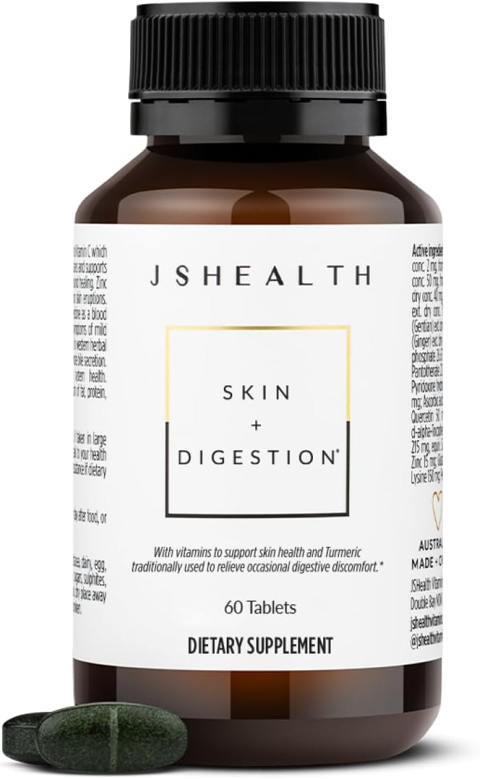 JSHealth Skin & Digestion Formula Supports Healthy Skin & Digestive Comfort - Clear Skin Supplement with Zinc, Burdock, Turmeric. Supports Healthy Skin and Digestive Comfort. Vegan (60 Tablets)
