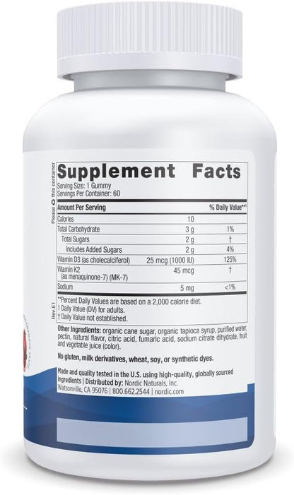 Nordic Naturals Vitamin D3+K2 Gummies, Pomegranate - 60 Count - 1000 IU Vitamin D3 + 45 mcg K2 per gummy supports bone health and muscle function. Non-GMO. Pomegranate flavor. 60 servings