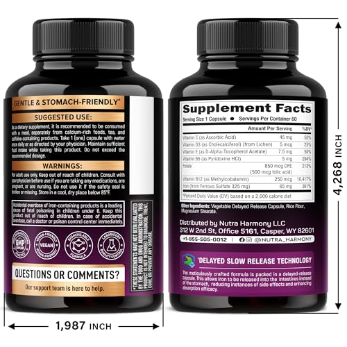 Iron Supplement for Women - Iron 65mg (Ferrous Sulfate 325mg) - Stomach Friendly - Slow Release Iron - High Absorption - Vitamins C, D3, B6, B12 & Folate