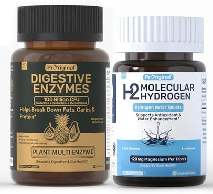 12 PPM Molecular Hydrogen Tablets & Digestive Enzymes with Probiotics and Prebiotics - Daily Wellness & Digestive Routine - 2 Items
