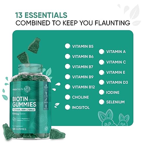 Biotin Gummies 5000mcg - with Vitamin A, B, C, D, E & Selenium - 120 Hair Nails and Skin