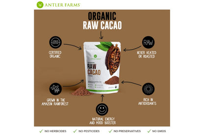 Antler Farms - 100% Pure Organic Raw Cacao Powder, 40 servings, 200g - Vegan, Gluten Free, Cultivated Naturally in Amazon Rainforest, Certified USDA Organic - 100% Pure, Vegan, Gluten Free, Cultivated Naturally in Amazon Rainforest, Certified USDA Organic