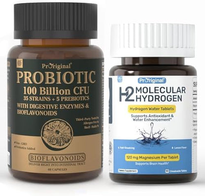 Hydrogen Water Tablets + Probiotics with Prebiotics Bundle 12 PPM H2 Hydrogen Tablets & 35 Strain Probiotics 100 Billion CFU - Daily Supplement Routine - 2 Items