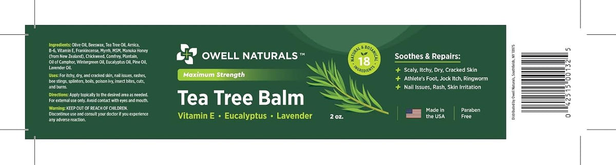 Owell Naturals Tea Tree Antifungal Balm - Extra Strength for Athlete’s Foot, Jock Itch, Ringworm & Skin Fungus - Soothing for Itchy, Dry, Cracked Skin, Feet & Body, 2 oz