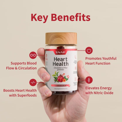 Snap Supplements Heart Health Gummies, CoQ10, Sugar-Free, 60 Vegan Gummies - Blood Circulation Supplements, Heart Health Supplements, Blood Flow Supplement, Gluten-Free, Non-GMO, Grapeseed, Blueberry