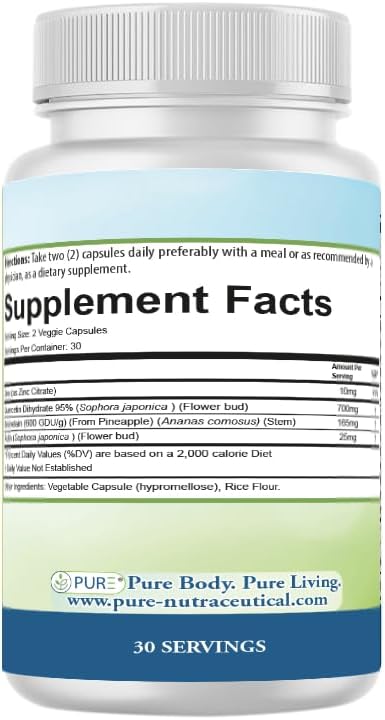 PURE Quercetin+ with Zinc, Bromelain, Rutin Immune Shield - 60 Capsules - High Bioavailability Antioxidant Complex for Respiratory Health & Viral Defense - Made in USA