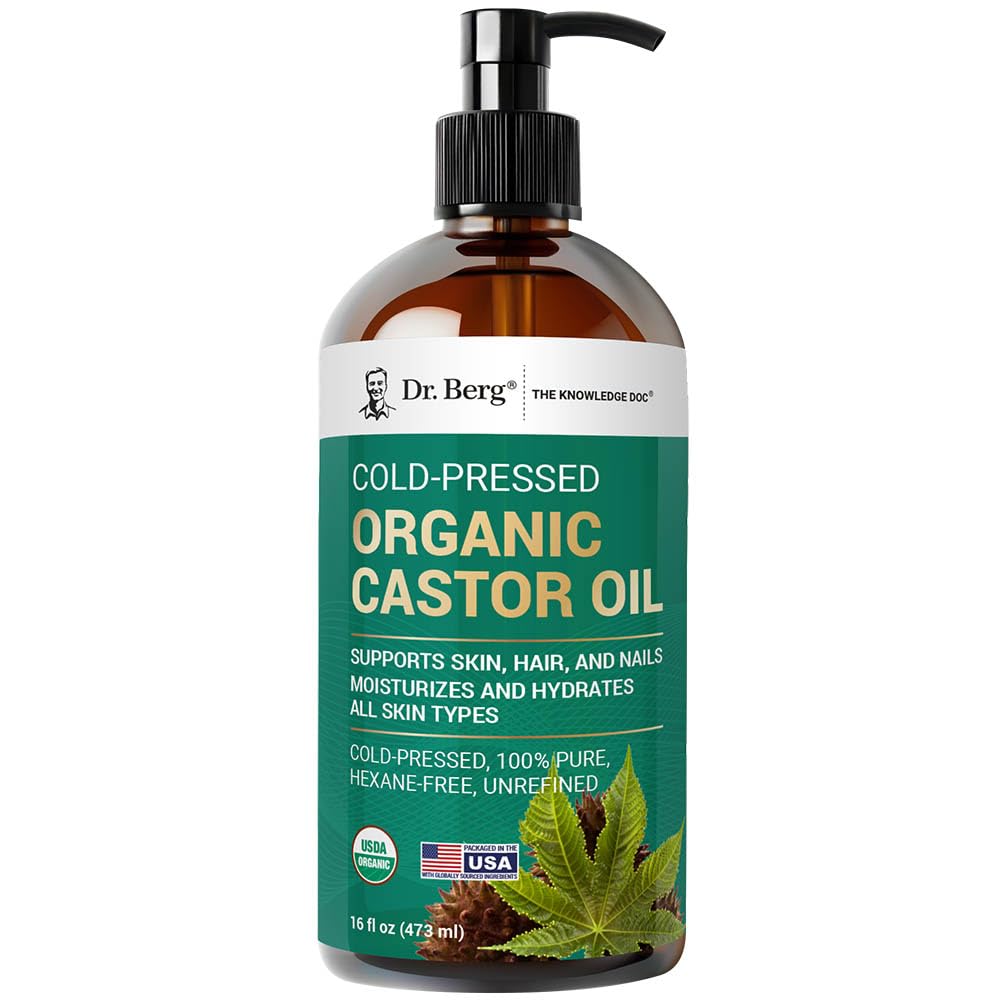 Dr. Berg Organic Castor Oil - 16 fl oz Cold-Pressed Oil - Pure, Unrefined, Single Ingredient - Sourced in India, Bottled in USA - Lab Tested, USDA Organic, Glass Bottle