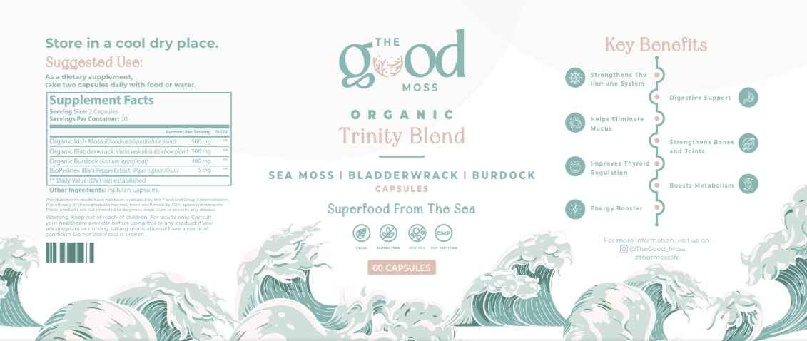 Trinity Blend Superfood -Sea Moss, Bladderwrack and Burdock Root Supplement for Overall Health Support, Hair, Skin and Nails 60ct