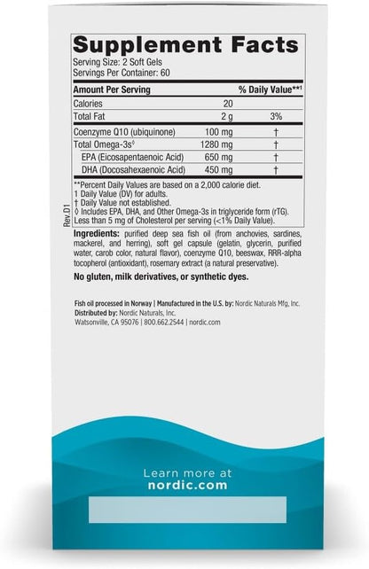 Nordic Naturals Ultimate Omega + CoQ10, Lemon Flavor - 120 Count - 1280mg Omega-3 + 100mg CoQ10 for heart health & cellular energy. Antioxidant. Non-GMO soft gels. 60 servings.