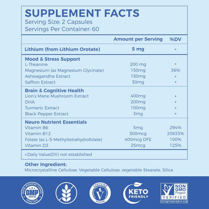AiVital Lithium Orotate 5mg, 13-in-1 Lithium Supplement with Magnesium Glycinate, L-theanine & DHA for Daily Balance, Focus & Clarity, Low-Dose Formula, Non-GMO, Gluten Free, Vegan, 120 Capsules
