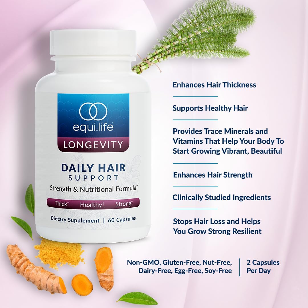 Equilife Daily Hair Support Supplement, Blend with Biotin, 60 Capsules - Ashwagandha, Zinc & Saw Palmetto - Helps Enhance Thickness & Strength - Supports Hair Growth & Repair - Gluten Free - Non-GMO