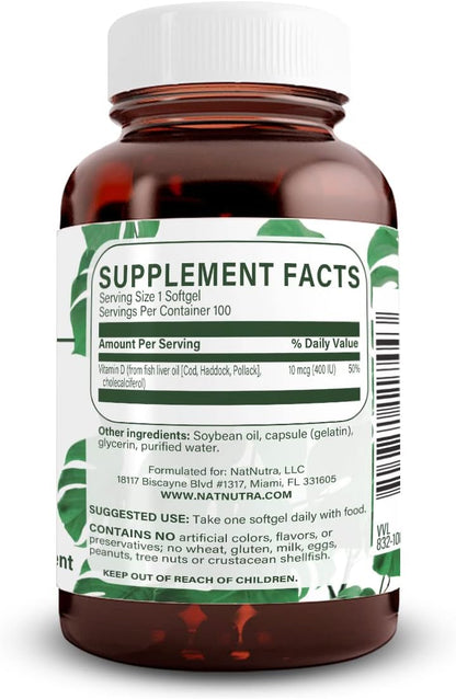Natural Nutra Vitamin D3 400 IU Softgels, Gluten-Free Vitamin D, 100 Count - Supports Immune Function, Bone & Teeth Support, Cardiovascular Support