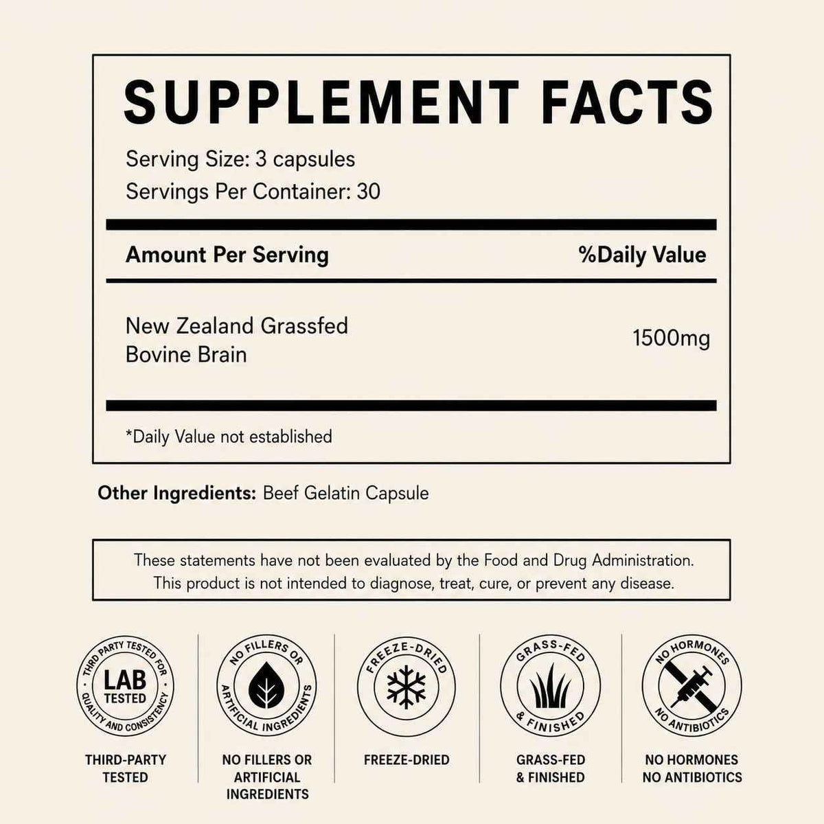 Primal Being Grassfed Beef Brain, Supports Memory, Mood, Focus, Energy, Cognitive Health - 90 Capsules, 1500mg per Serving