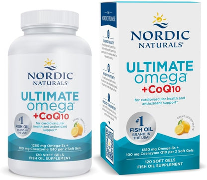 Nordic Naturals Ultimate Omega + CoQ10, Lemon Flavor - 120 Count - 1280mg Omega-3 + 100mg CoQ10 for heart health & cellular energy. Antioxidant. Non-GMO soft gels. 60 servings.