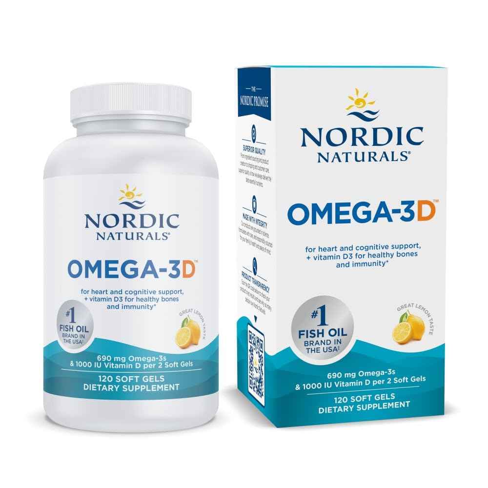 Nordic Naturals Omega-3D, Lemon Flavor - 120 Soft Gels - 690 mg Omega-3 + 1000 IU Vitamin D3 - Fish Oil - EPA & DHA - Immune Support, Brain & Heart Health, Healthy Bones - Non-GMO - 60 Servings