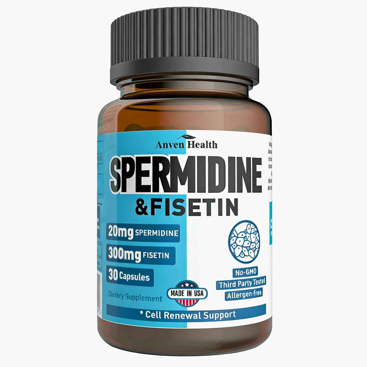 Spermidine & Fisetin Supplement - 20mg of 99% Spermidine Per Serving, 3HCL & 300mg Fisetin for Women Men Cell Renewal, Aging Defense & Longevity, Gluten Free, Non-GMO, Made in USA - 30 Veggie Caps