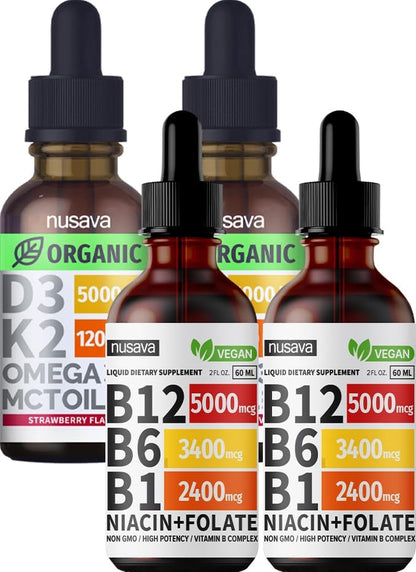 NUSAVA Vitamin B12 Liquid Drops and Strawberry Flavored D3 K2 Bundle - Daily Wellness Liquid Vitamins for Energy & Immune Support - Non-GMO, Gluten-Free, 2pk Each