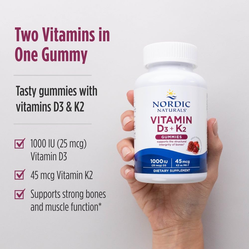 Nordic Naturals Vitamin D3+K2 Gummies, Pomegranate - 60 Count - 1000 IU Vitamin D3 + 45 mcg K2 per gummy supports bone health and muscle function. Non-GMO. Pomegranate flavor. 60 servings