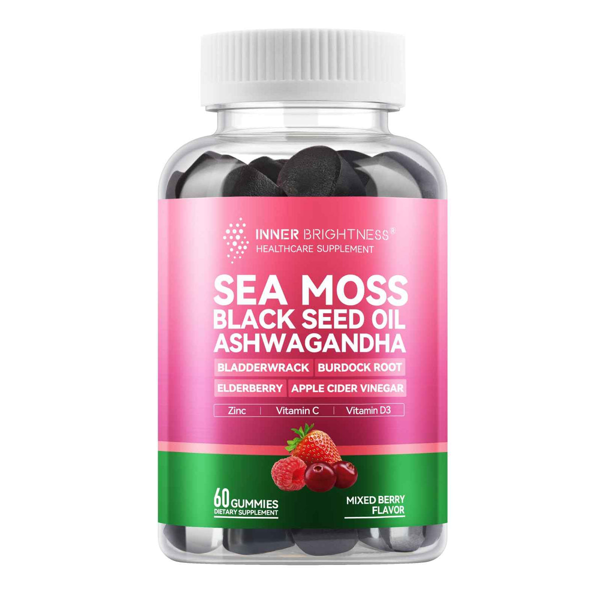 Inner Brightness Sea Moss 4000mg Gummies with Ashwagandha, Elderberry, Apple Cider Vinegar, Bladderwrack, Burdock Root - Immune Support - Mixed Berry Flavor - 60 Count