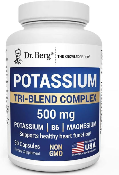 Dr. Berg Potassium Tri-Blend Complex - 500 mg Potassium Supplement for Muscle & Nerve Support* - Maximum Strength Potassium Formula w/Magnesium, B6 & Taurine - 90 Capsules