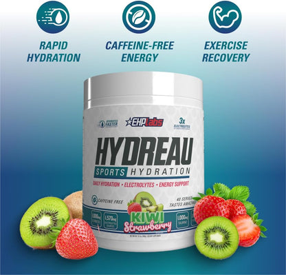 EHP Labs Hydreau Electrolytes Powder No Sugar - Hydration Powder for Endurance & Energy - Electrolyte Powder for Men & Women - Sugar Free Electrolytes - Kiwi Strawberry (40 Serves)