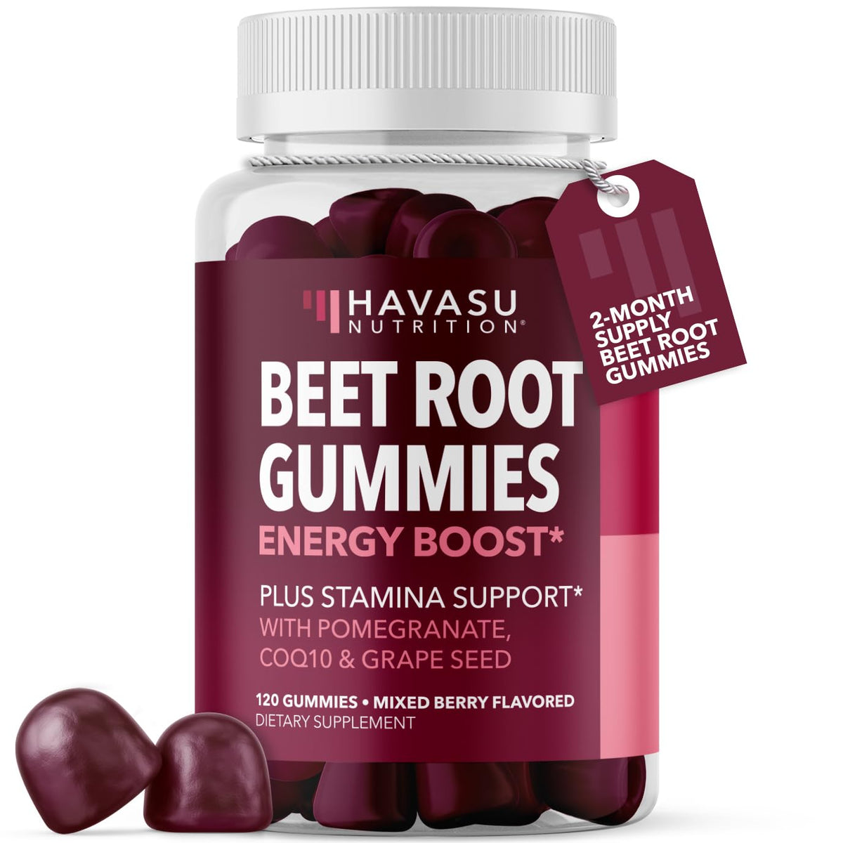 Beet Root Gummies with COQ10 and Grape Seed, Mixed Berry, 30 Servings - Nitric Oxide Supplement with Beetroot, Grape Seed Extract and COQ10 for Performance and Recovery, Vegan, Non-GMO, Gluten-Free