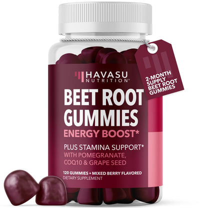 Beet Root Gummies with COQ10 and Grape Seed, Mixed Berry, 30 Servings - Nitric Oxide Supplement with Beetroot, Grape Seed Extract and COQ10 for Performance and Recovery, Vegan, Non-GMO, Gluten-Free