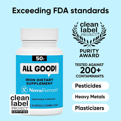 NovaFerrum All Good - Iron Capsule Supplements for Adults - Anemia - 50mg of Iron - 90 Servings - Sugar Free - Vegan - Gluten Free