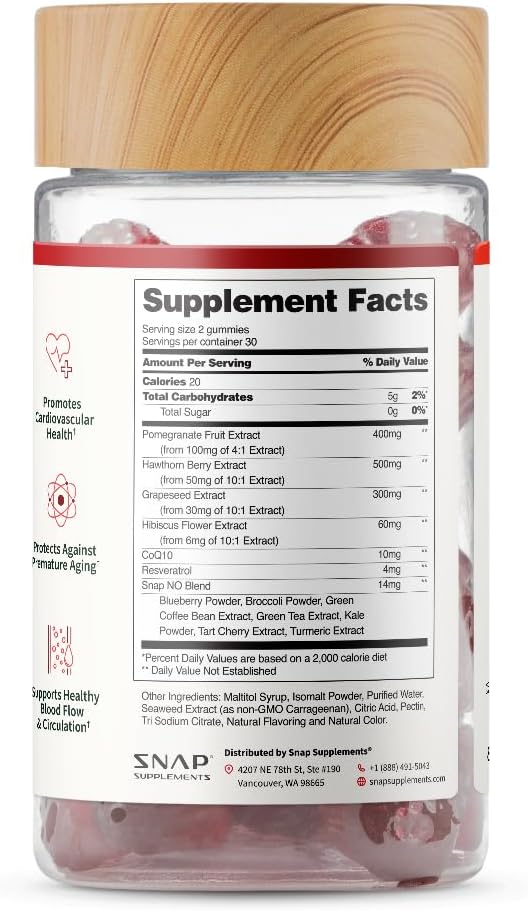 Snap Supplements Heart Health Gummies, CoQ10, Sugar-Free, 60 Vegan Gummies - Blood Circulation Supplements, Heart Health Supplements, Blood Flow Supplement, Gluten-Free, Non-GMO, Grapeseed, Blueberry