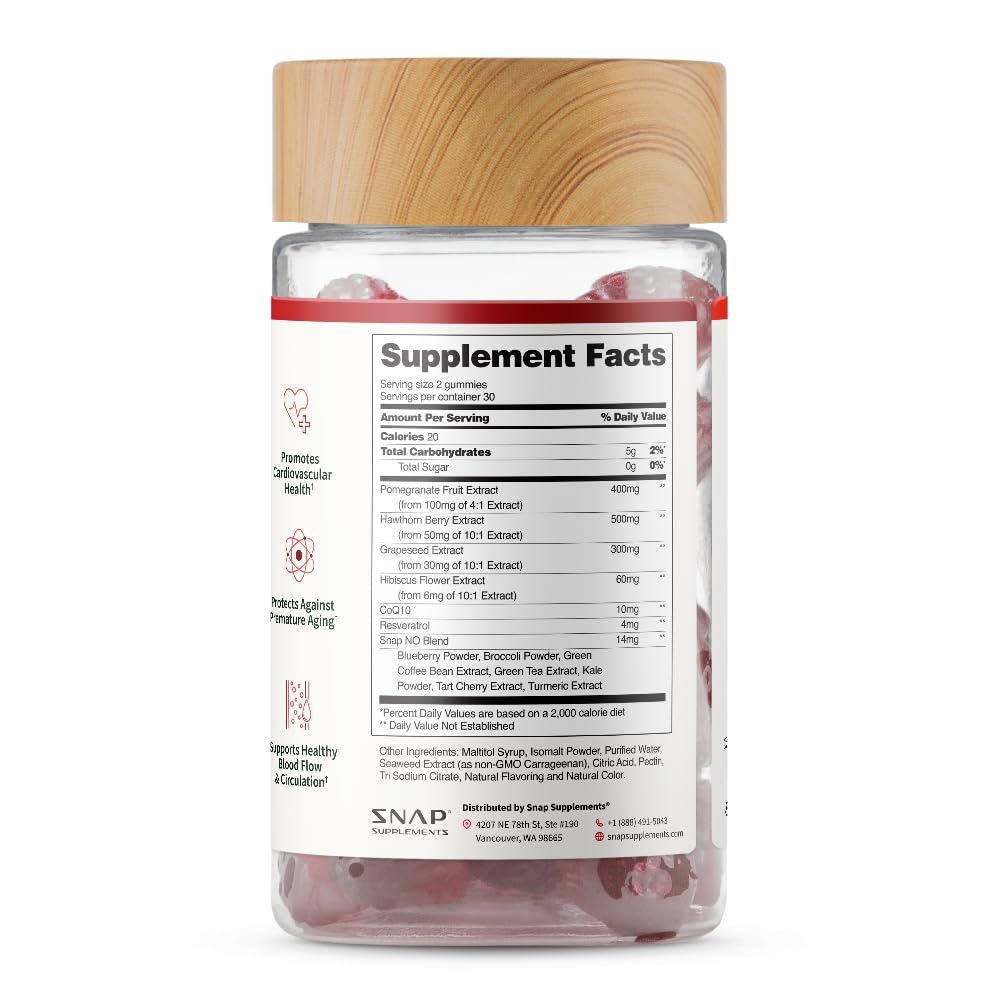 Snap Supplements Heart Health Gummies, CoQ10, Sugar-Free, 60 Vegan Gummies - Blood Circulation Supplements, Heart Health Supplements, Blood Flow Supplement, Gluten-Free, Non-GMO, Grapeseed, Blueberry