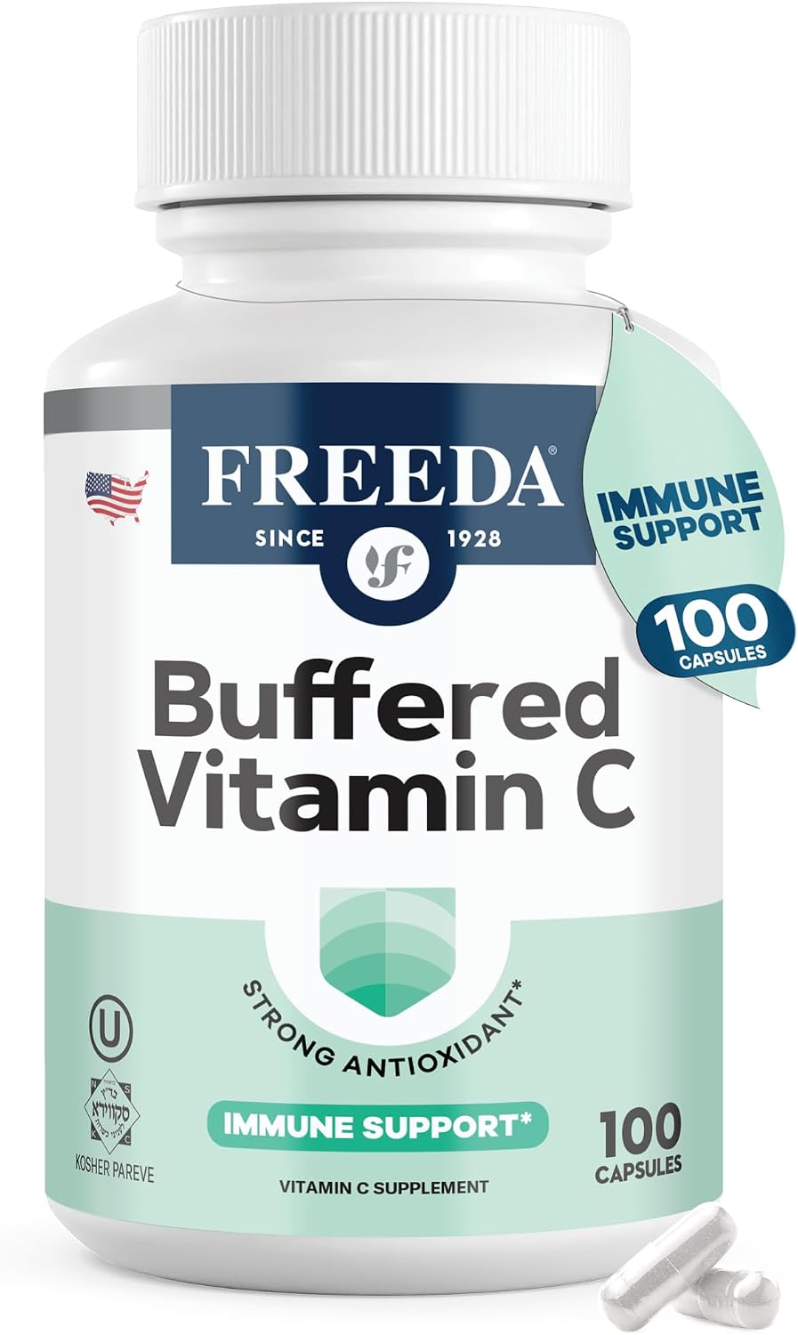 FREEDA Buffered Vitamin C 500mg for Immune Support - 100 Capsules - Includes 50mg Calcium - Supports Immune Health & Antioxidant Defense - Gentle on Stomachs, Kosher, Vegan, & Made in USA