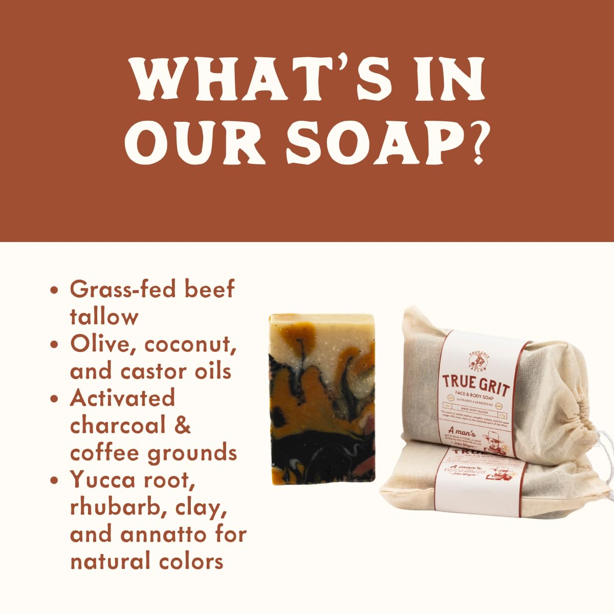 True Grit Tallow - Beef Tallow Soap Bar 3-Pack - John Wayne Inspired - Cedar & Campfire Scent - Cold Process Bar Soap with Activated Charcoal & Coffee Grounds - 4 oz Each