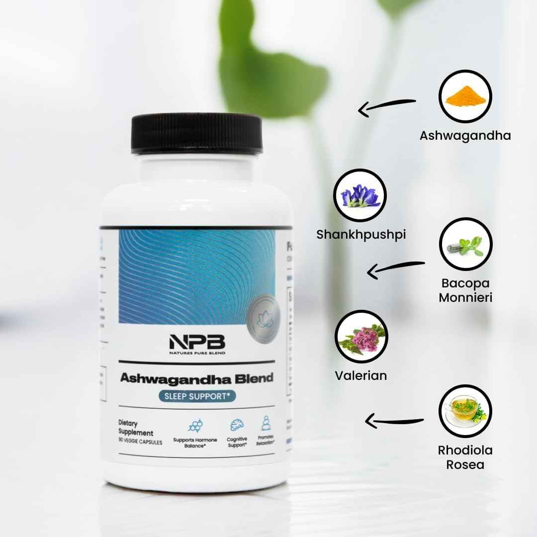 Nature's Pure Blend Ashwagandha Supplements - Organic Ashwagandha Root & Extract for Women and Men - Stress Relief, Sleep, and Mood Support - Athletic Performance & Focus Support - 60 Vegan Capsules