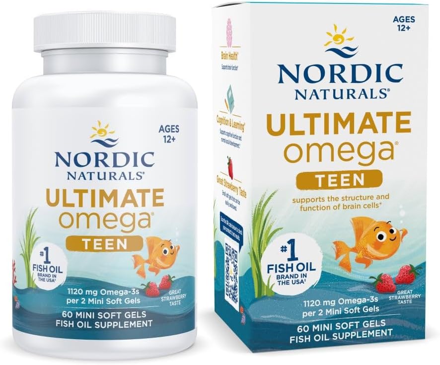Nordic Naturals Ultimate Omega 2X Teen, Strawberry - 60 Mini Soft Gels - 1120 mg Total Omega-3s with EPA & DHA - Brain Health, Positive Mood, Social Development, Learning - Non-GMO - 30 Servings - 2X for teens. EPA+DHA supports brain, mood & social develo