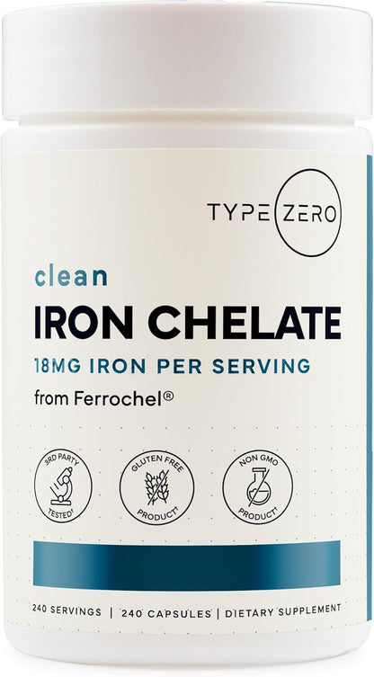 Type Zero Iron Chelate (18mg) 240 Capsules, Gluten-Free, GMO-Free - From Ferrochel Ferrous Bisglycinate Chelate
