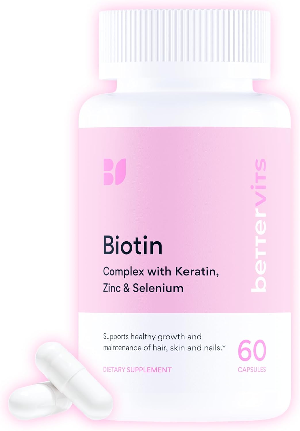 Betterrvits Hair Growth Vitamins for Women - Biotin 12,000 mcg with Zinc, Copper and Selenium Complex - Hair Skin and Nails Supplement for Women and Men with Keratin KeraGlo - 60 Capsules