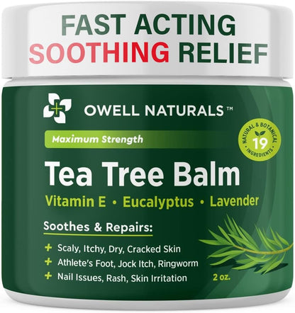 Owell Naturals Tea Tree Antifungal Balm - Extra Strength for Athlete’s Foot, Jock Itch, Ringworm & Skin Fungus - Soothing for Itchy, Dry, Cracked Skin, Feet & Body, 2 oz