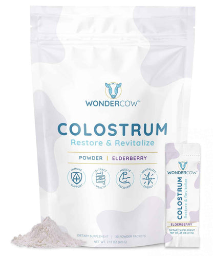 WONDERCOW Colostrum Supplement Powder for Gut Health, Immune Support & Wellness - Natural IgG Pure Whole Bovine Colostrum Superfood, Elderberry, 30 Servings