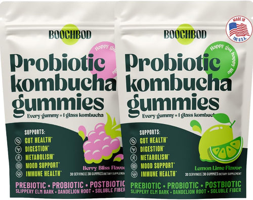 BoochBod - Probiotic Kombucha Gummy - Prebiotics, Probiotics, Postbiotics, Fiber Supplement, Slippery Elm, Dandelion Root, MCT Oil, for Bloating, Gut Health - Berry Bliss - Lemon Lime - Bundle & Save