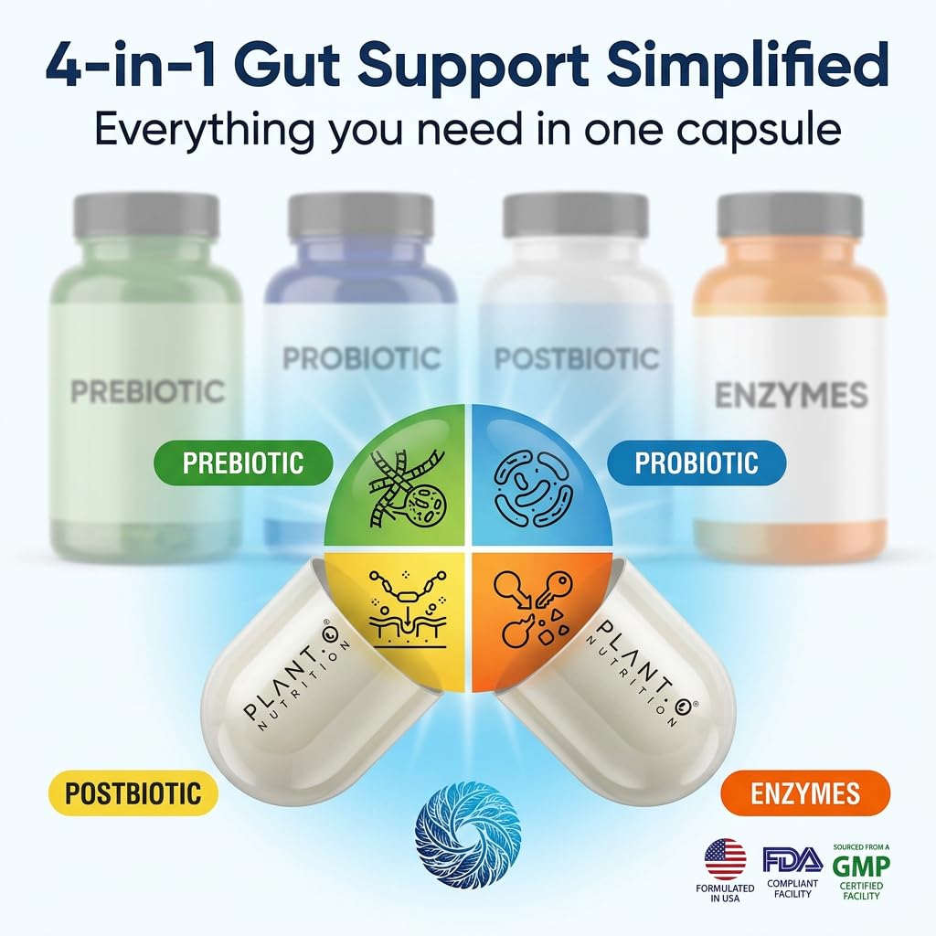 4-in-1 Gut Health Support - Prebiotics + Probiotics + Postbiotics + Digestive Enzymes - DE111 Spore Probiotic for Digestive Support & Bloating