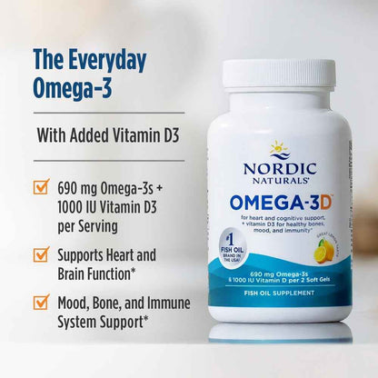 Nordic Naturals Omega-3D, Lemon Flavor - 120 Soft Gels - 690 mg Omega-3 + 1000 IU Vitamin D3 - Fish Oil - EPA & DHA - Immune Support, Brain & Heart Health, Healthy Bones - Non-GMO - 60 Servings