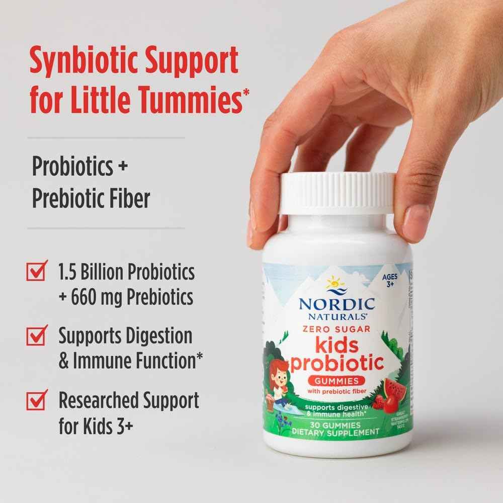 Nordic Naturals Zero Sugar Kids Probiotic Gummies - Strawberry Watermelon Flavor - 30 Gummies - Supports Digestive Wellness & Immune Health - Non-GMO - Third Party Tested - Vegan - 30 Servings
